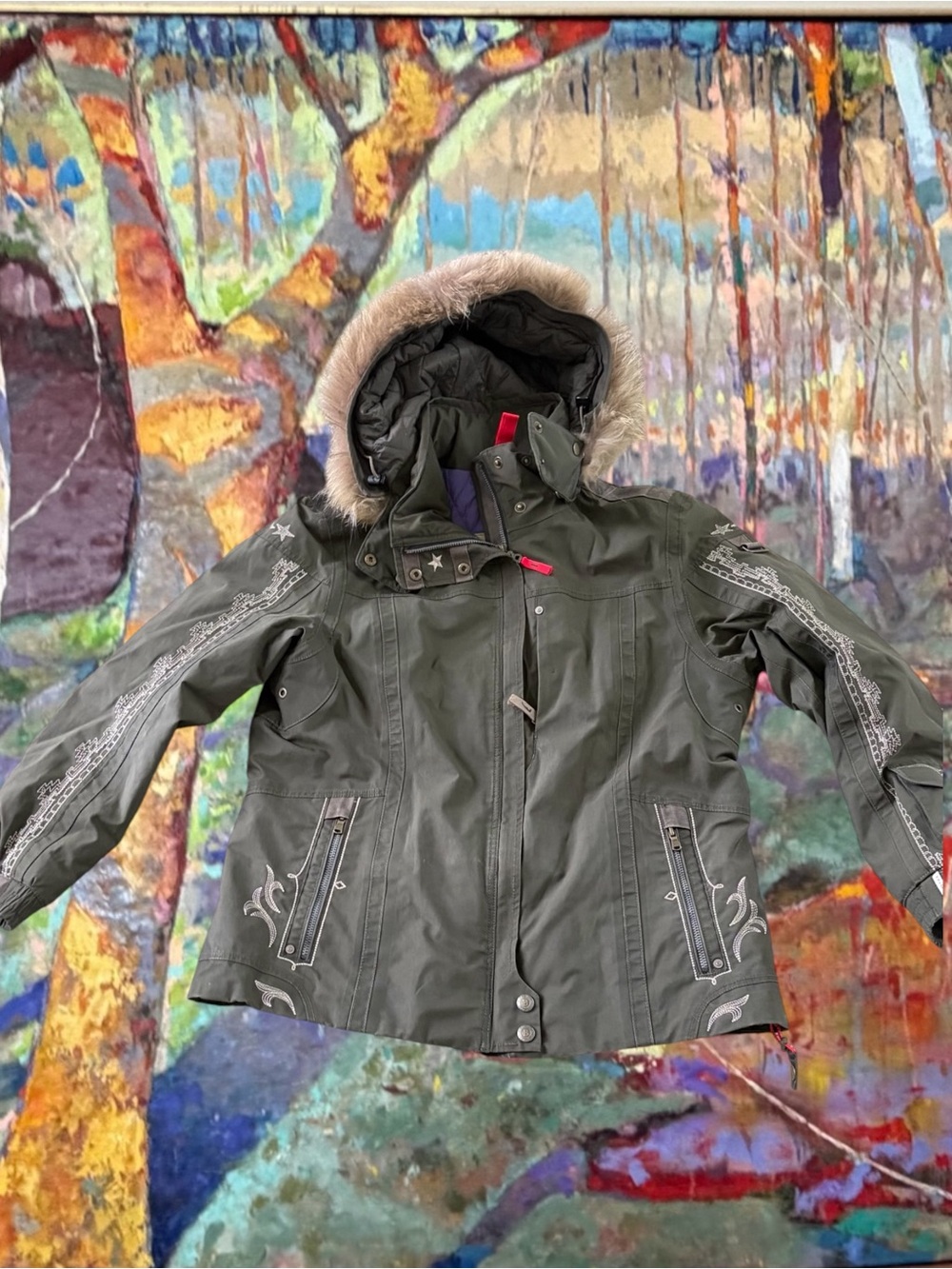 Bogner Olive Green Ski Jacket with -Fur Trim Hood